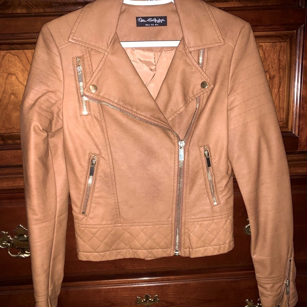 Miss Selfridge caramel colored faux leather jacket size 0